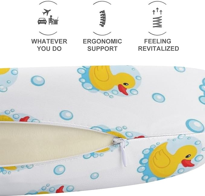 Cute Decorative Travel Neck Pillow Memory Foam Chin Cushion Cute Funny Cartoon Yellow Rubber Ducks Bubbles, Washable Cover for Women Airplane Car Home Sleeping Rest