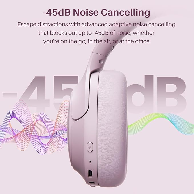 TOZO HT3 Hybrid Noise Cancelling Headphones, 90H Playtime Wireless Over Ear Bluetooth Headset, Spatial Audio AI Chat with 5 Mics, Supports Dual Connection and USB-C Input, with 32 EQ Music Modes