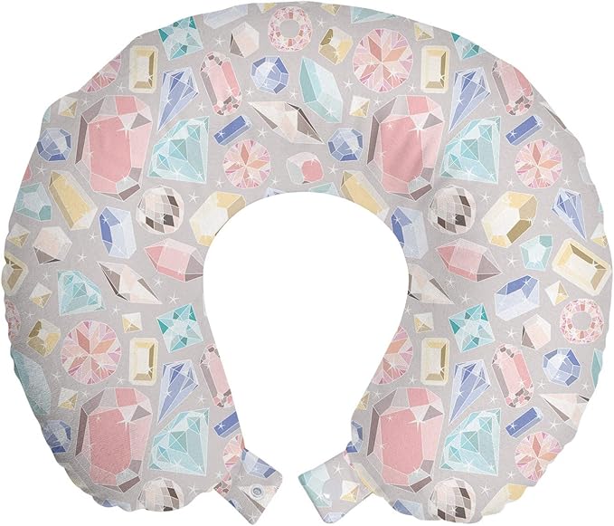 Ambesonne Pastel Travel Pillow Neck Rest, Colorful Diamond Gemstone Rich Feminine Women Fashion Theme Digital Print, Memory Foam Traveling Accessory for Airplane and Car, 12", Pink Grey