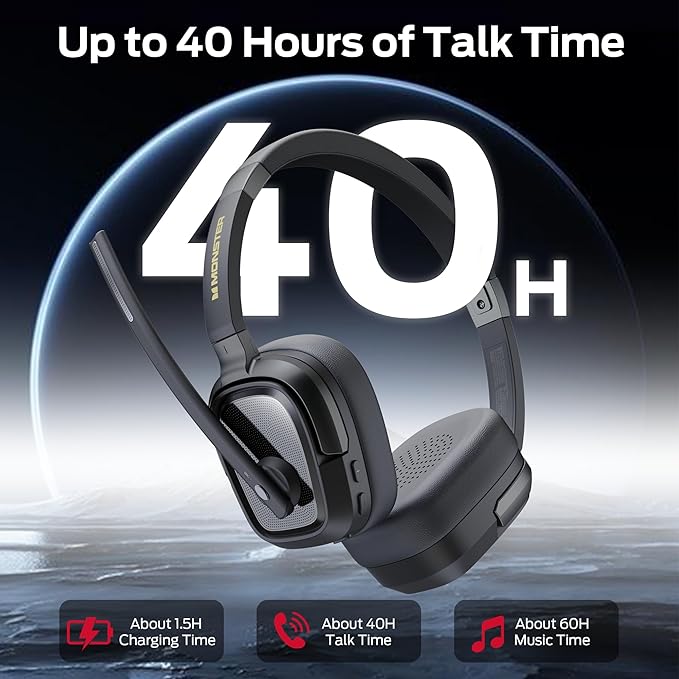 Monster VoiceLink 200 Wireless Headset with Mic for Work, Bluetooth V5.4 Headphones with AI Noise Cancelling Mic & USB Dongle, 60H Playtime & Mic Mute for Computer/Laptop/PC/iPhone/Android
