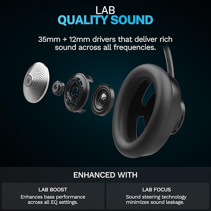 JLab JBuds Open Wireless Headphones, Black, Open-Back, Immersive Sound, Dual Coaxial 35mm + 12mm Drivers, Comfortable Breathable Open Fit, All Day Listening 24 Hour Playtime, Customize App