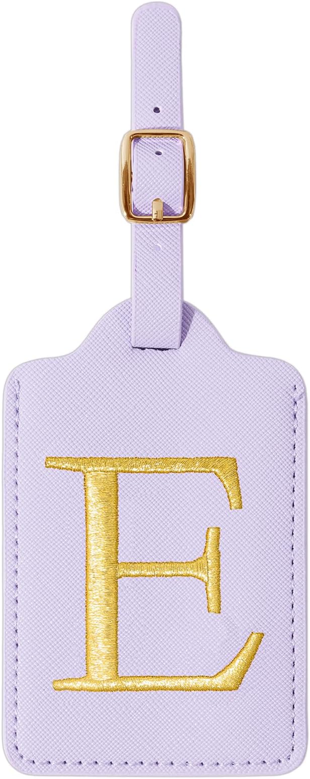 Personalized Initial Luggage Tags for Suitcase, Purple Leather Cute Luggage Tags with Privacy Cover Name Card, Embroidered Custom Monogrammed Luggage Tag Travel Backpack Tags Gifts for Women Kids(E)
