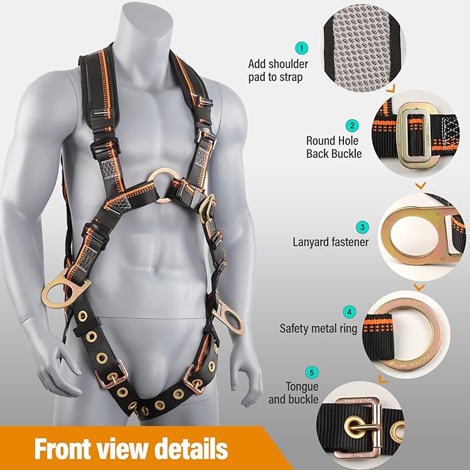 QFU Full Body Safety Harness & Fall Protection Kit with Padded Straps, ANSI Compliant, Includes Shock-Absorbing Lanyard for Roofing, Construction and Industrial Use