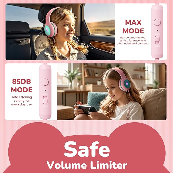 Kids USB C Headphones for School, 2025 Upgrade Safe Listening Wired Over-Ear Headphones with LED Lights, Volume Limiter & Microphone, Foldable Design for iPhone 16, iPad, Tablet