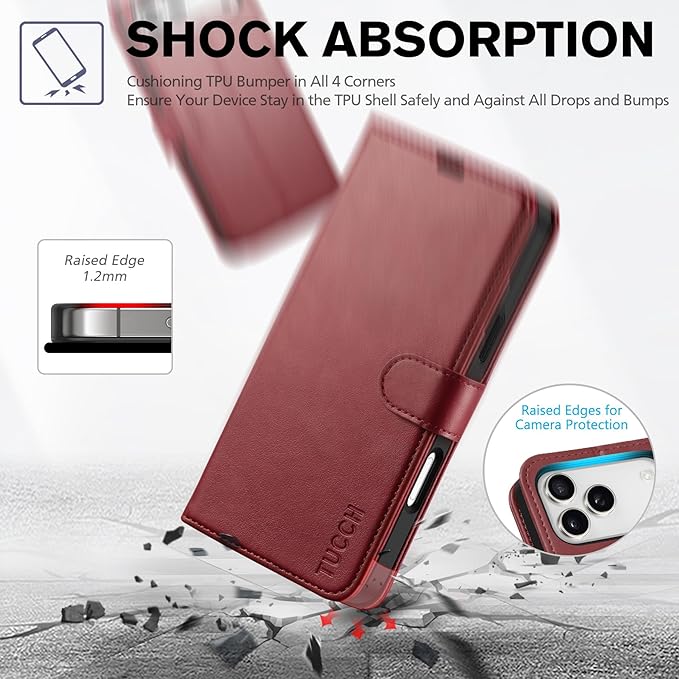 TUCCH Case Wallet for iPhone 17 Pro Max (6.9") 2025, Stand | RFID Blocking | 4 Card Holders | TPU Shockproof Inner Shell | PU Leather | Magnetic Closure Folio Protective Cover | Dark Red
