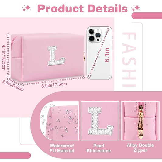 ChaoGreat Bride Gifts – Personalized Initial Makeup Bag with Pearl Rhinestone Patch, Preppy Pink Monogram Cosmetic/Toiletry Pouch, bridesmaid Gifts, Bridal Shower Gifts, Wedding Gifts, Bridal Gifts,L