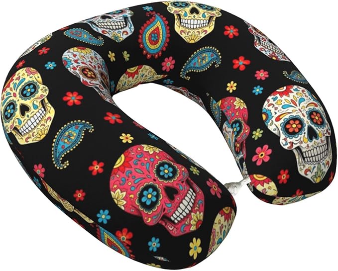 Travel Neck Pillow for Pain Relief Sleeping, Vintage Paisley Sugar Skull, Comfortable Memory Foam Chin Head Cushion Support with Zip Cover, Fashion Car Flight Pillows