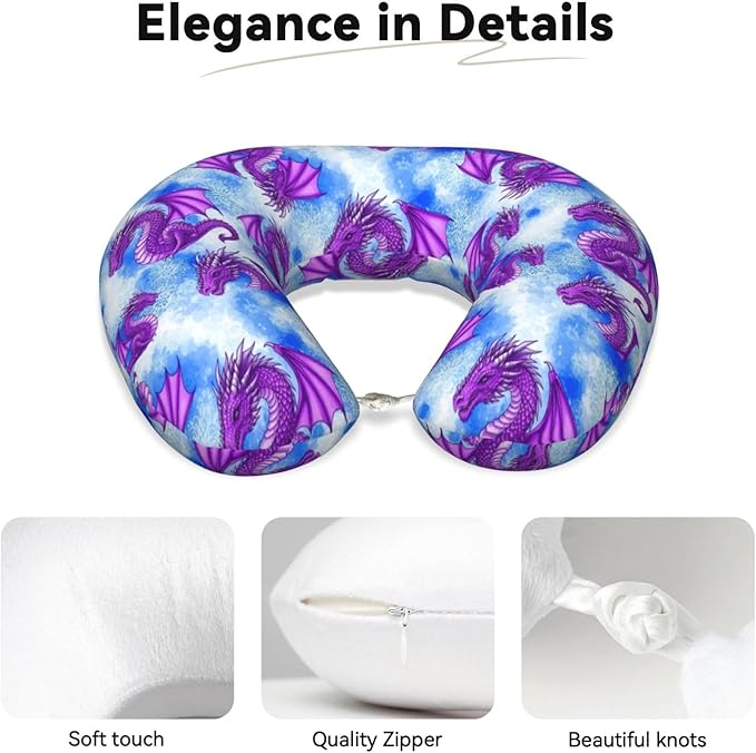 Breathable Neck Pillow for Sleeping Rest Nap Purple Dragon Art, Airplanes/Car/Home Memory Foam Travel Cushion with Polyester Cover Washable for Women Men