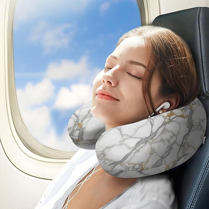 Kids Washable U-Shaped Travel Pillow Neck Support, Chic Golden White Marble U-Shape, Airplane Car Nap Chin Cushion