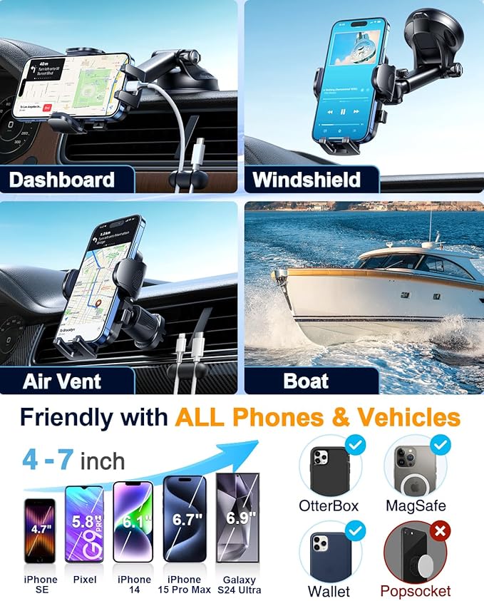 YRU True Military-Grade [360° Rotation Suction] 2025 Ultimate Car Phone Holder Mount 【90+LBS Safest Strongest & Patent Certs】 Dashboard Windshield Vent for iPhone 17 16 Pro Max Samsung, Royal Blue