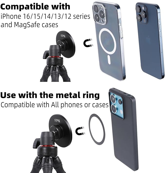 Flexible Mini Tripod for MagSafe, Portable Small Magnetic Phone Tripod with Wireless Remote for Video Recording/Vlogging/Selfie, Compatible with iPhone 17 16 15 14 Pro Max 13 12 Series