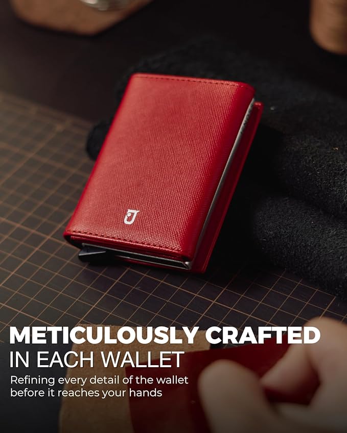 Jenoss Smart Wallet For Men & Women: Full Grain Leather, Handcrafted, Slide Metal Pop Up Case, Slim RFID Blocking Credit Card Holder Minimalist Compact 12 Cards Slot Organizers ID Clip (Red & Silver)