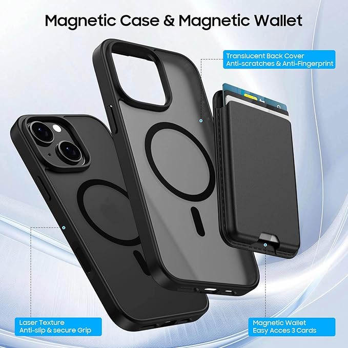Ntwinro Magnetic for iPhone 13 & iPhone 14 Case (Compatible with MagSafe) with Detachable Wallet & Card Holder for 3 Cards [RFID Blocking] Military Grade Protective Slim Phone Cover, Black