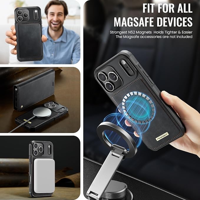 PlusnapX Wallet Case for iPhone 17 Pro Max Compatible with Magsafe, 2-in-1 PU Leather Flip RFID Blocking Card Holder Stand Shockproof Magnetic Detachable Cover for iPhone 17 Pro Max Case 6.9", Black