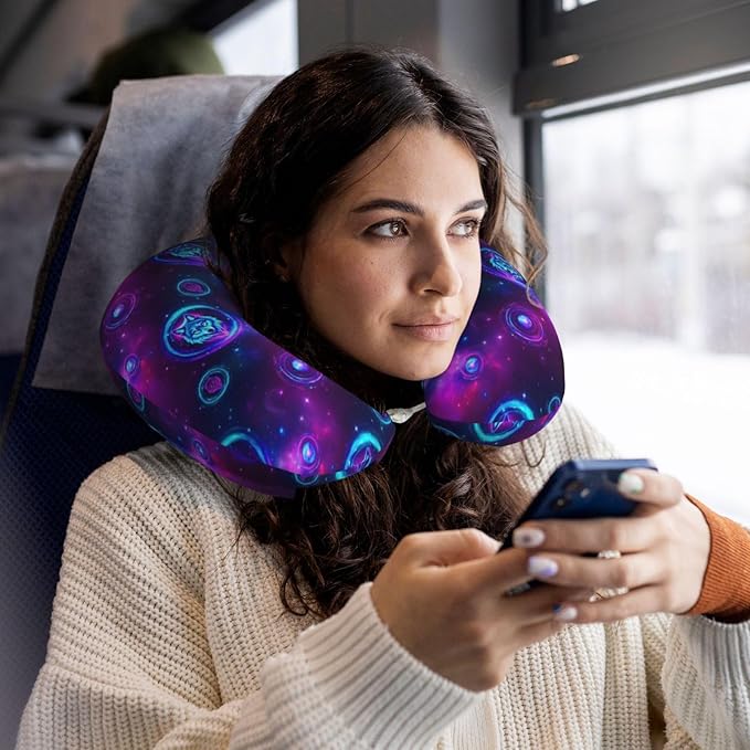 Funny Neck Pillow Support for Car Flight Rest Purple Blue Galaxy Starry Sky Wolf, Memory Foam U Shaped Decor Head Cushion for Home Outdoors Travel