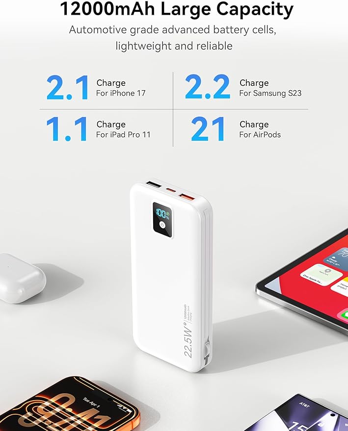 Portable Power Bank, 12000mAh 22.5W Fast Charging Phone Charger with Built-in Cables & Wall Plug, Travel Essential Battery Pack with LED Display, USB C Battery Charging Bank for iPhone, Samsung White