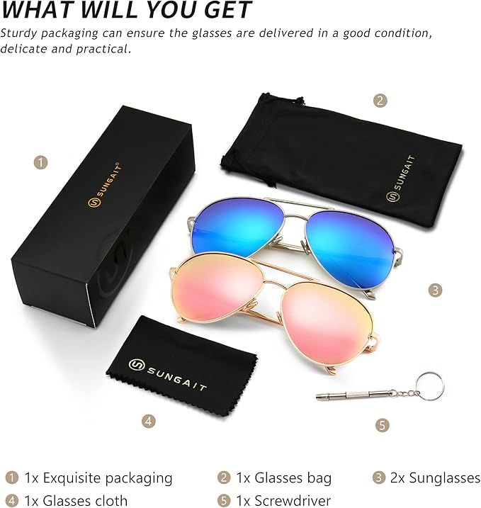 SUNGAIT Women's Lightweight Oversized Aviator Sunglasses - Classic Style Polarized Lens