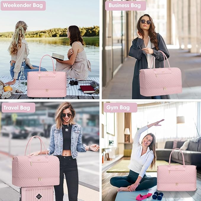 Travel Weekender Bags for Women - Large Duffle Bag with Shoe Compartment Carry On Overnight Bag with Toiletry Bag Pink Duffel Bags with Wet Pocket for Gym Hospital Bags for Labor and Delivery
