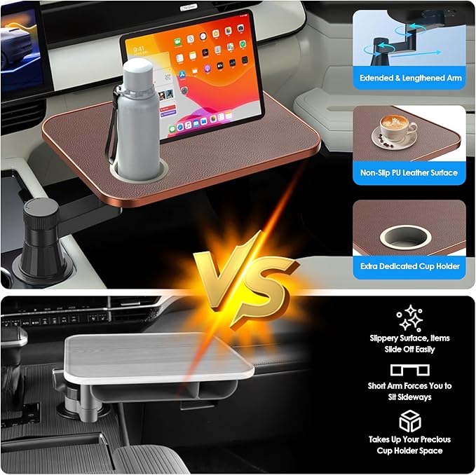 Car Tray& Car Desk for Laptop,Dual 360° Rotating,Anti Slip Leather Surface,Steering Wheel Tray,Car Accessories- Compatible with Tesila Model Y/3/S, Forrd F150/Explorer/Maverick/Most Vehicles (Brown)