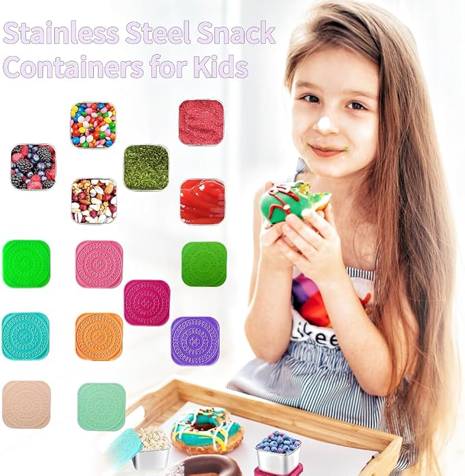 HTEVW 6Pack 6oz Stainless Steel Snack Containers for Kids, Easy Open Leak Proof Metal Toddler Snack Containers with Silicone Lids, Stackable Metal Toddler Lunch Box for School-U.S.Design Patent