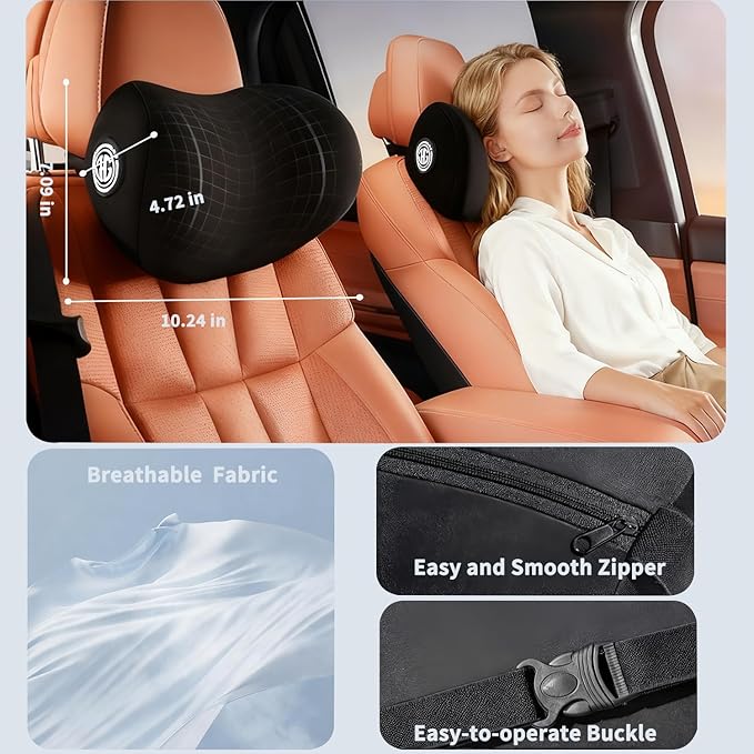 2 Pack Car Neck Pillow, Soft Car Headrest Pillow for Driving with Adjustable Strap (Black)