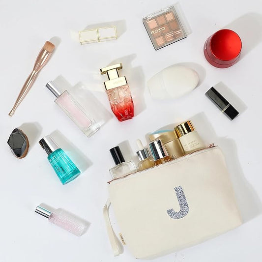 A-Z BAG 2pcs Personalised Makeup Bag Set, Canvas Cosmetic Bag with Rhinestone Initial, Birthday Gifts for Women (J, Beige)