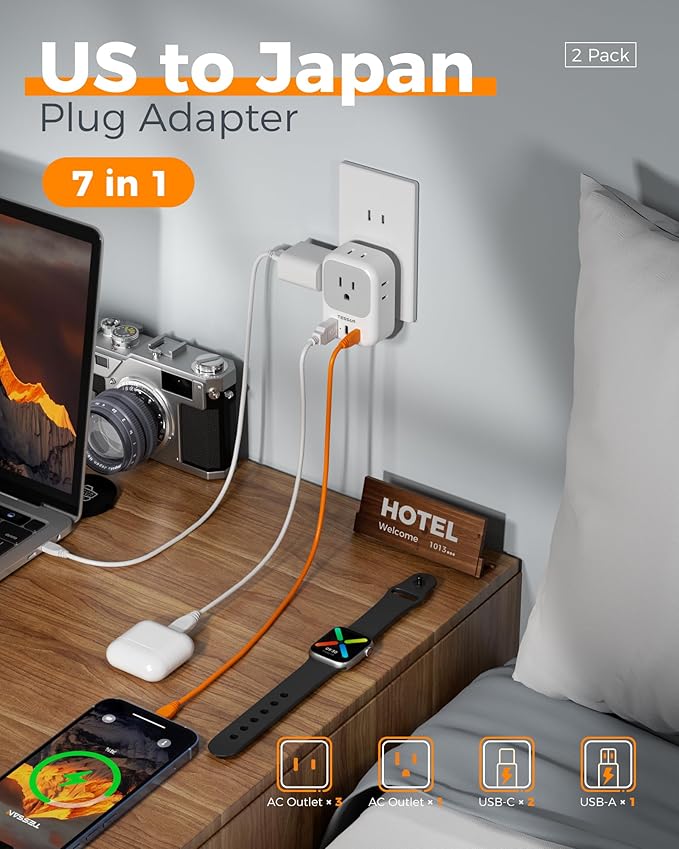 2 Prong to 3 Prong Outlet Adapter, TESSAN US to Japan Plug Adapter 2 Pack with 4 Outlets 3 USB (2 USB-C), Outlet Adaptor US to Japan China Mexico Philippines Canada Peru Thailand Vietnam