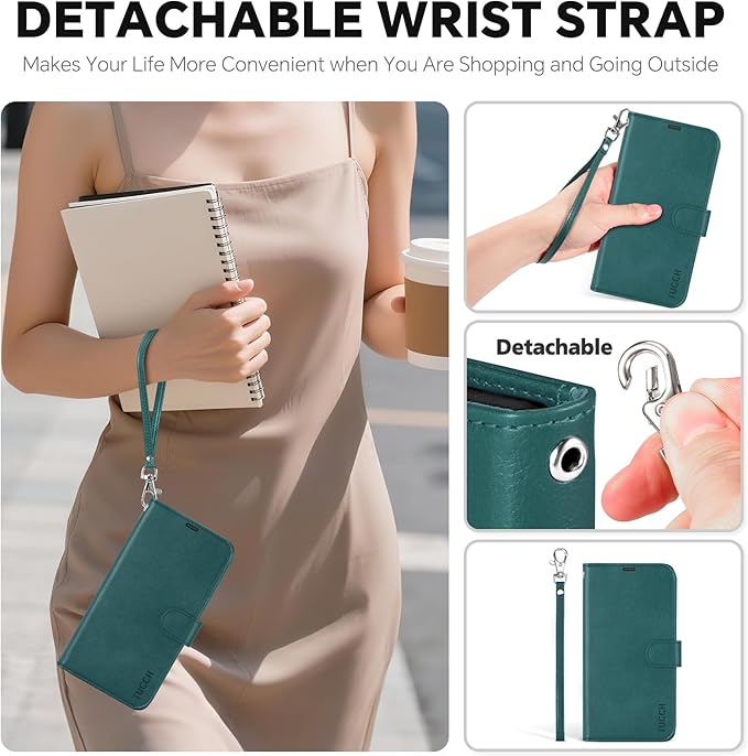 TUCCH Removable Case Wallet for iPhone Air (6.5") 2025, Detachable Wrist Strap, Wireless Charging, Stand, 4 Card Slots RFID Blocking, 2-in-1 Magnetic, PU Leather Shockproof Cover, Teal Blue