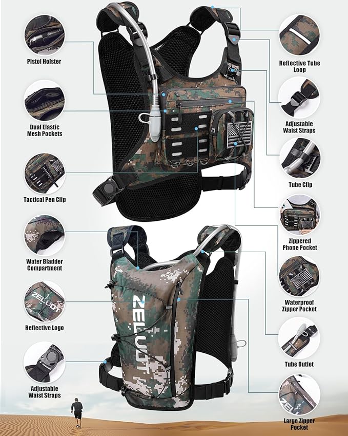 Running Vest with 2L Water Bladder, Hydration Pack, USA Original Patent, Lightweight Hydration Backpack with Gear Holder, Reflective Chest Pack for Men Women for Marathon Hiking