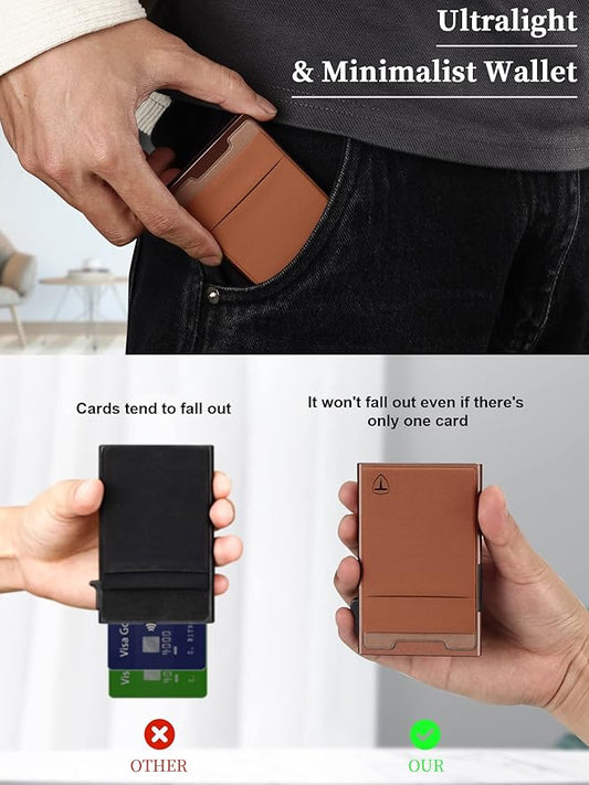 Slim Wallet for Men and Women,Pop Up Credit Card Wallet Metal Minimalist Cards Holder with Money Pocket,Small Ultralight Aluminum RFID Blocking Wallets 6-12 Card Capacity,Brown