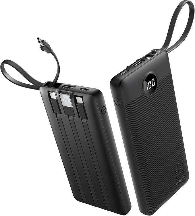 Portable Charger with Built in Cables, Slim 10000mAh Power Bank with USB C, External Battery Pack 5 Outputs 2 Inputs LED Display Compatible with iPhone/Android & More (Black)