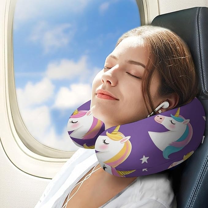 Teens Neck Pillow U-Shaped Memory Foam Travel Support, Galaxy Rainbow Star Magic Unicorn Purple U-Shape, Washable Airplane Car Office Pillow