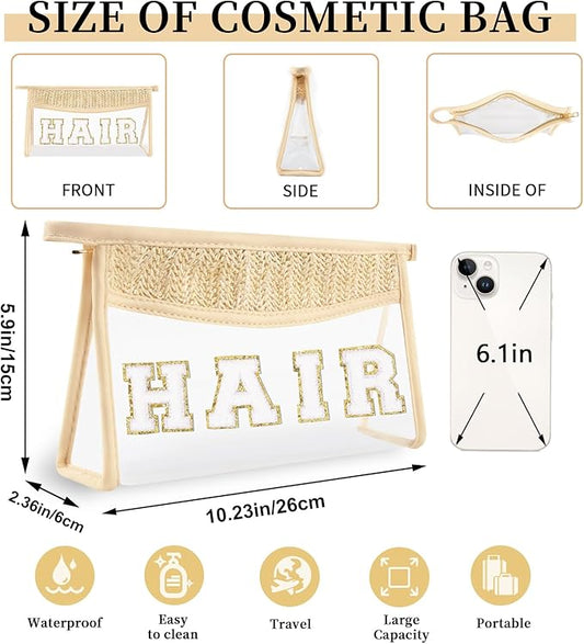 Small Boho Straw Clear Hair Makeup Bags for Women&Girls, Zipper Cosmetic Bag Chenille Varsity Letter Patch Bag, Preppy Cute Toiletry Pouch, Trendy Organizer Storage Bag for Beach Travel Essentials