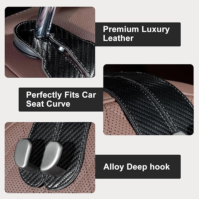 CoBak Headrest Hooks for Car - Universal Premium Stitched Leather and Aluminum-Magnesium Alloy Double Car Seat Back Storage Hook for Purses, Handbags, Bags (2 Pack),Black Carbon Fiber