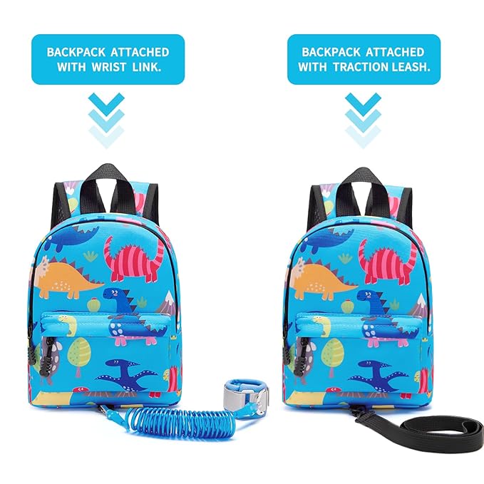 Accmor Toddler Backpack Leash with Anti Lost Wrist Link, Cute Mini Child Walking Harnesses Keep Kids Close Back Pack Rope Tether Rein for Baby Boys (Light Blue/Dino)