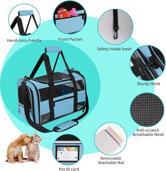 Soft - Sided Pet Carrier for Cats and Small Dogs, Airline - Approved, Blue Travel Tote with Mesh Windows, Foldable Bowl, Shoulder Strap, Oeko - TEX Certified