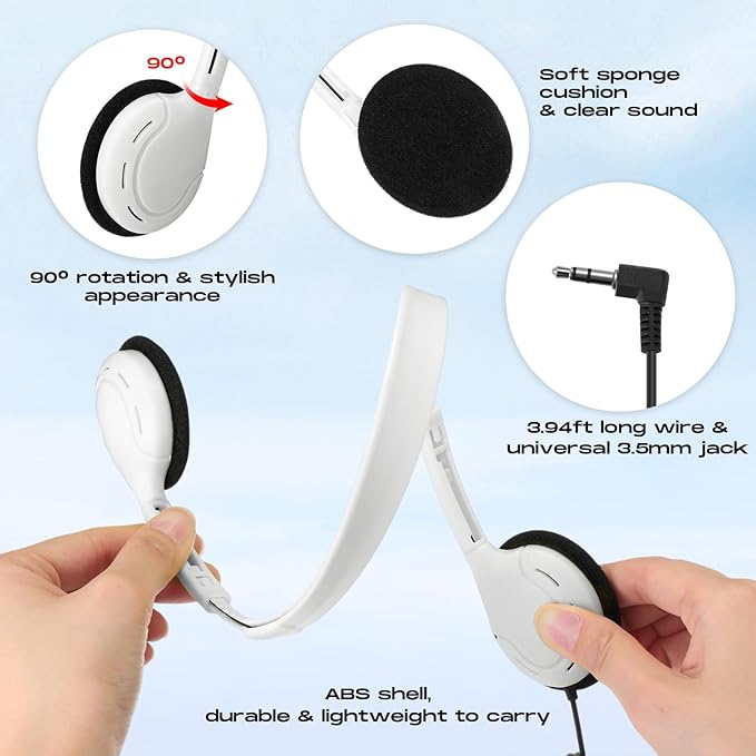 Yunsailing 30 Pack Bulk Over Ear Headphones Set On Ear Headsets Earphones with Adjustable Headband and 3.5mm Plug for Group Learning, Computer Lab, Library, Online Lesson (White)