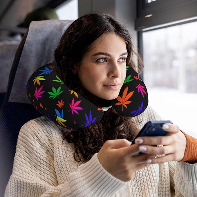 Neck Pillow Memory Foam Chin Cushion with Breathable Cover Trippy Neon Weedleaf Leaves, Cute Airplane Car Pillows for Office Head Pain Relief