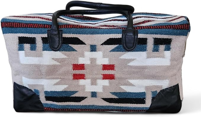Aztec Large Weekender Southwestern Duffel Bag Saddle Blanket Bag 100% Leather Handles (Sahara)