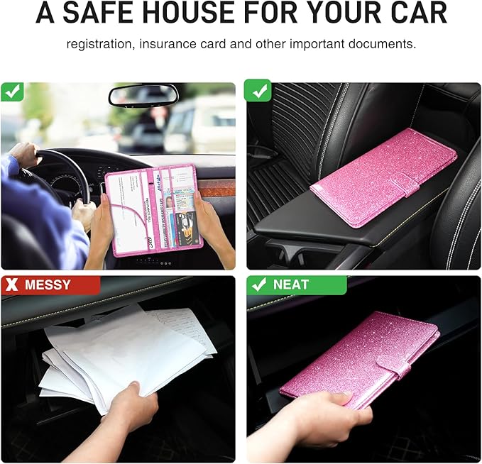 Car Registration and Insurance Card Holder, Document Holder for Cards, Driver Vehicle License Document Glove Box Compartment Organizer, Car Essentials For Women