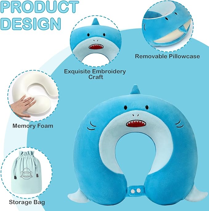 Kids Neck Pillow for Traveling, Adujstable Airplane Pillow with Travel Bag, Travel Essentials for Long Flights, Soft & Support Airplane Pillow for Headrest Sleep - Blue Shak