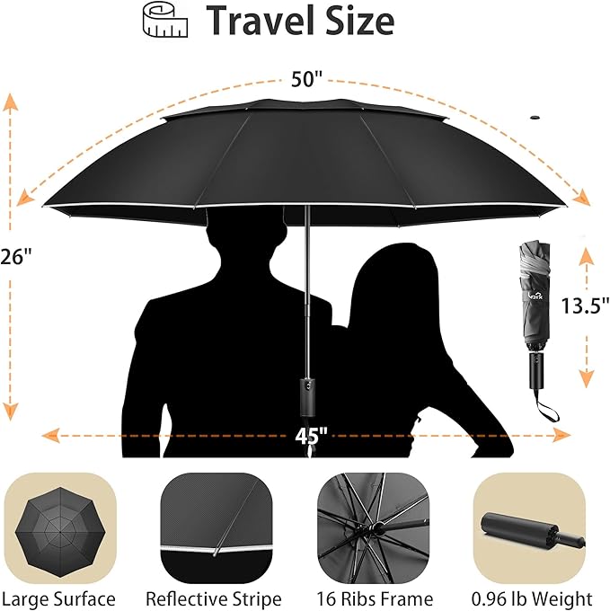 Urvoix Travel Umbrella Compact Windproof - Vented Double Canopy Umbrellas for Rain, Portable Umbrella Inverted Automatic Open Close with Reflective Strip