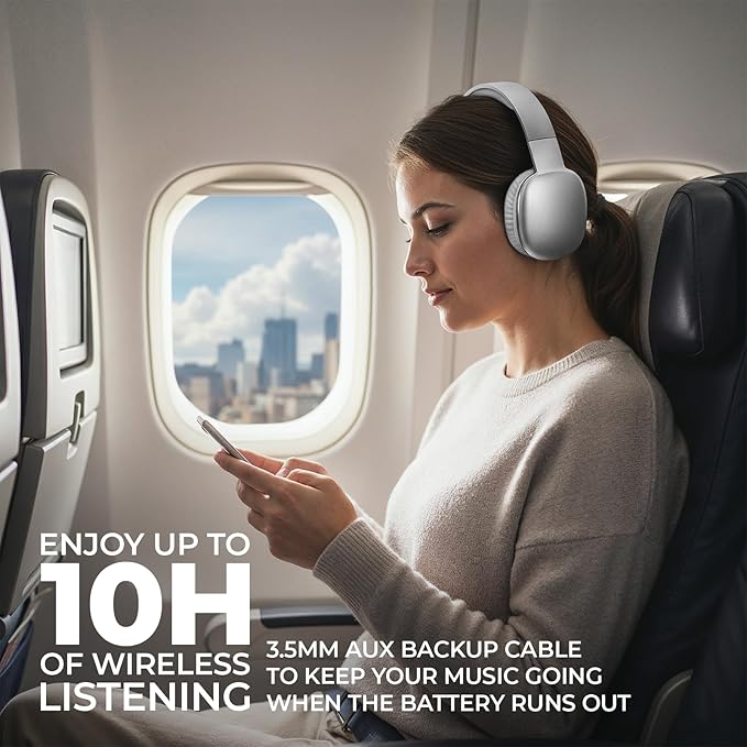 iJoy Ultra Wireless Over-Ear Bluetooth Headphones with Mic, Up to 10 Hours Playtime, Bluetooth Headset 33Ft Range with Backup AUX Cable & SD Slot, Wireless Headphones for Gaming, Work & Gym (Silver)