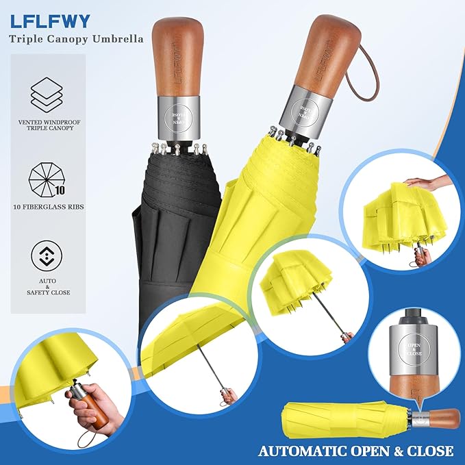 Umbrellas for Rain, 47" Large Windproof Travel Umbrella, Triple-Layer Vented Canopy, 10 Fiberglass Ribs, Auto Open Close Compact Umbrella, Wooden Handle, Heavy Duty for Commute, Gifts for Men & Women