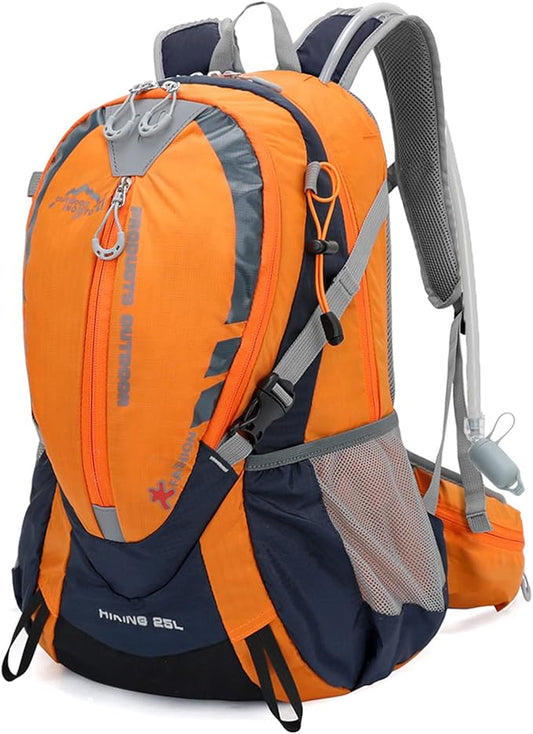 INOXTO Small Hiking Backpack with 2L Water Bladder and Rain Cover, 25L Hydration Backpack Hiking Daypack (Orange blue)