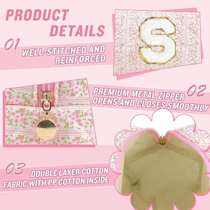 Personalized Quilted Cosmetic Bag, Puffy Monogrammed Christmas Birthday Gifts for Women & Girls, Cute initial Floral Makeup Bag Puffer Coquette Bag, Aesthetic Travel Toiletry Zipper Pouch(Pink,S)