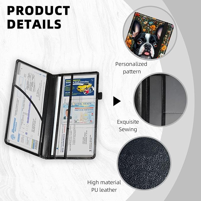 Car Registration and Insurance Holder PU Leather Vehicle Insurance and Registration Holders Wallet Case with Elastic Band Closure for ID Card, Driving Licence, French Bulldog Flower Field