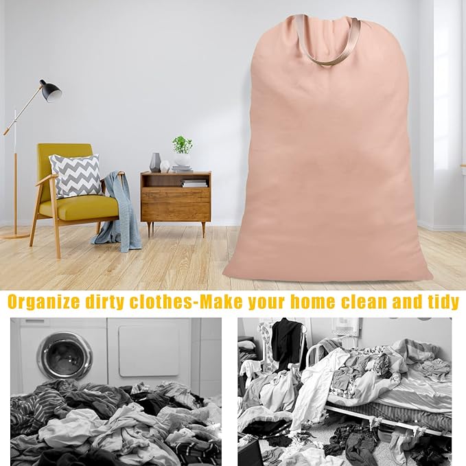 Cotton Canvas Laundry Bag with Handles & Drawstring Straps, Heavy Duty Extra Large Laundry Bags for Laundromat and Household, 25.5x34 Inch, Light Pink