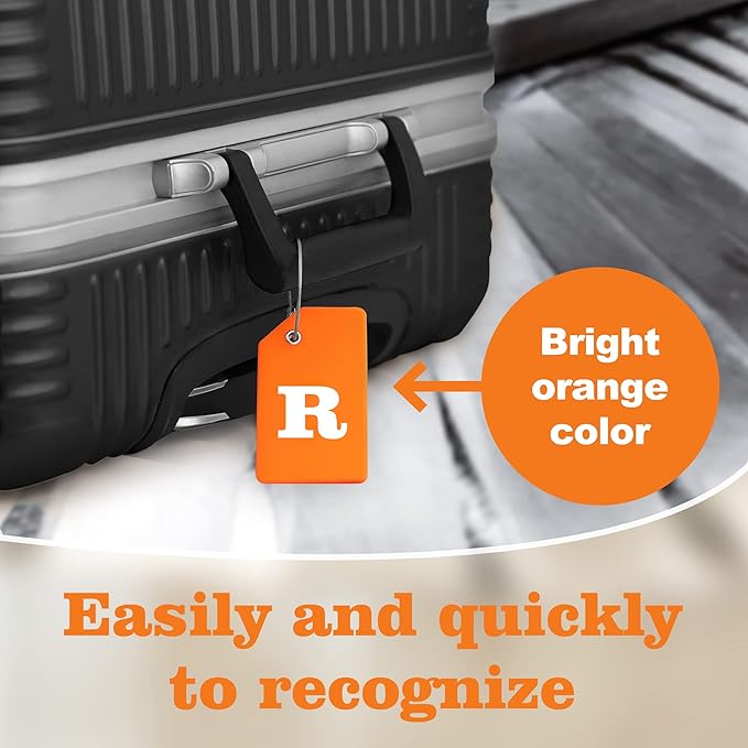 Gostwo 2 Pack Silicone Luggage Tags for Suitcases, 26 Initial Letter Baggage Labels Handbag School Bag Suitcase Instrument Tag with Stainless Steel Loop(Orange)(Letter R)