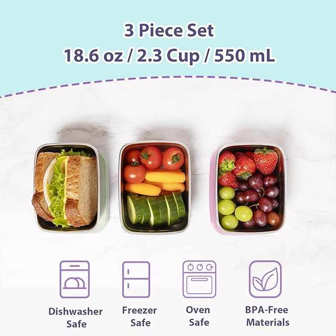 3-Pack Stainless Steel Snack Containers for Kids & Toddlers - 550ml (18oz) Leakproof Reusable Food Containers with LFGB Certified Lids | Stackable Metal Lunch Box for Daycare, School, Travel